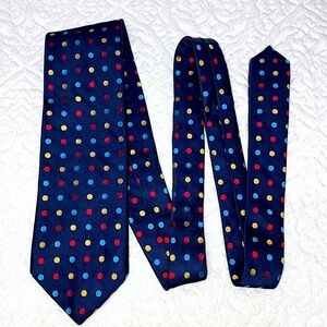 Alfred Sung silk polka dot tie, blue background with multicolours red, yellow